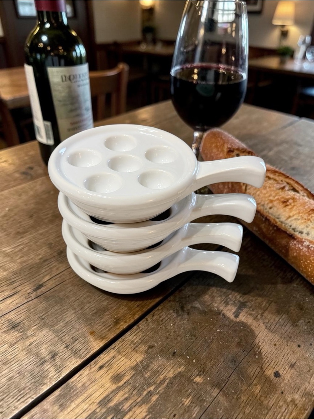 Set of 4 White French Ceramic Escargot Bakers – 6‑Well Vintage Serveware